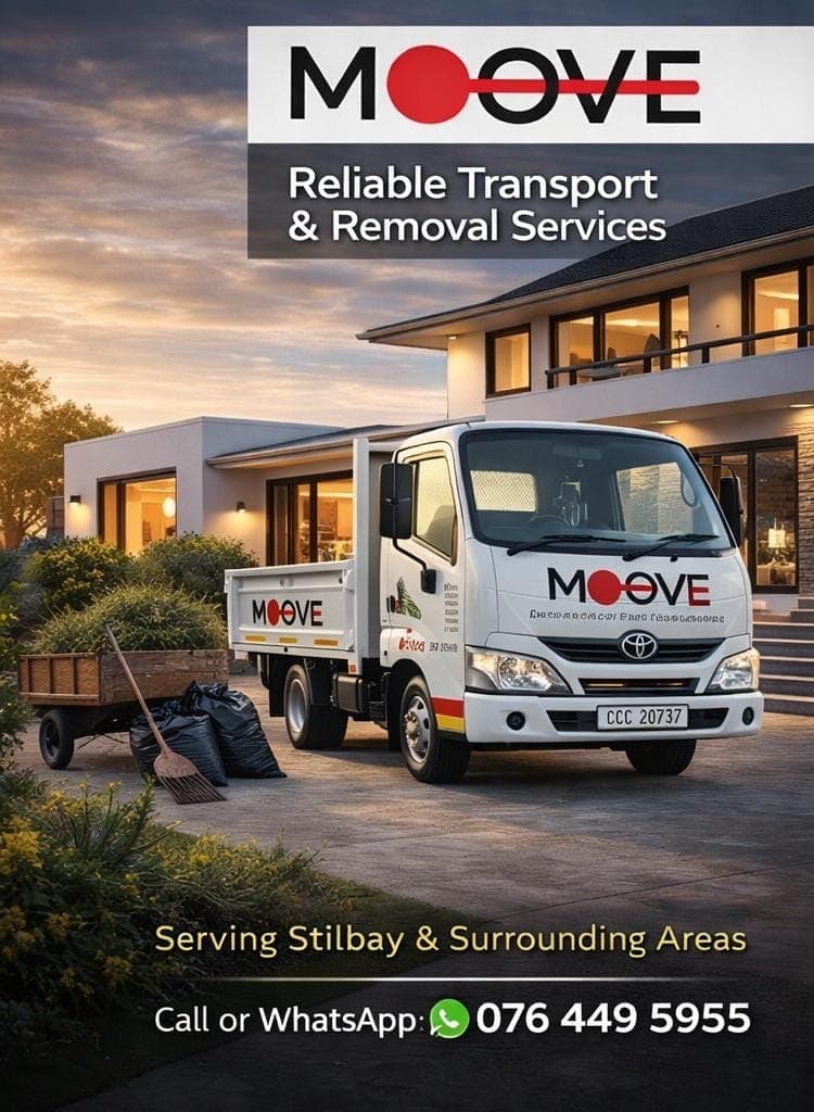 White Moove removal truck parked outside a modern house at sunset in Stilbay.