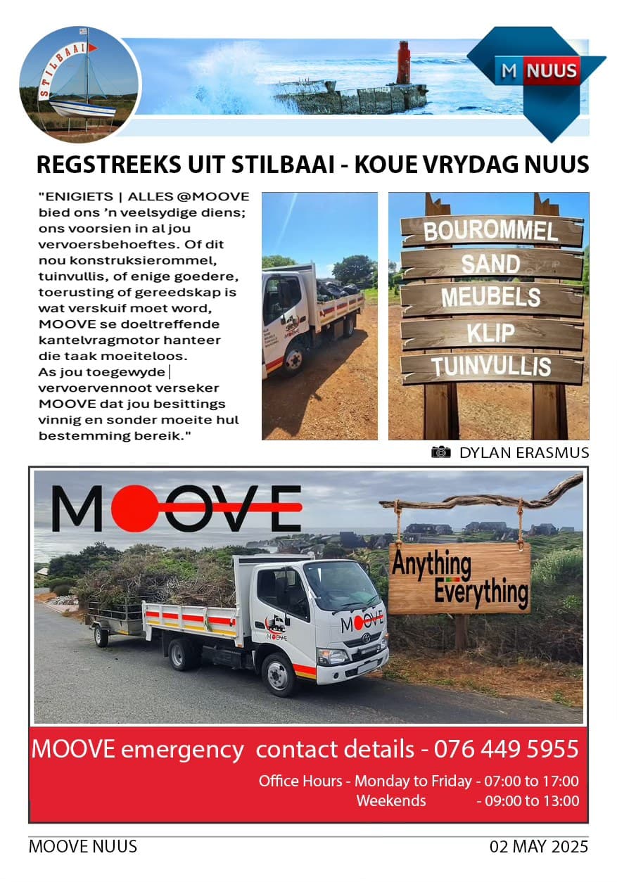 Flyer for MOOVE transport services featuring a truck hauling garden waste and wooden service signs.