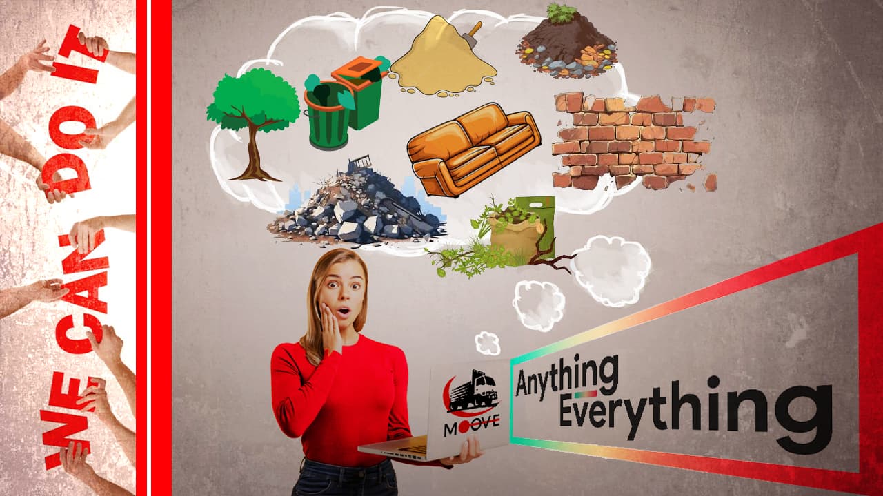 Surprised woman holding a laptop with a thought bubble showing various waste and household items.