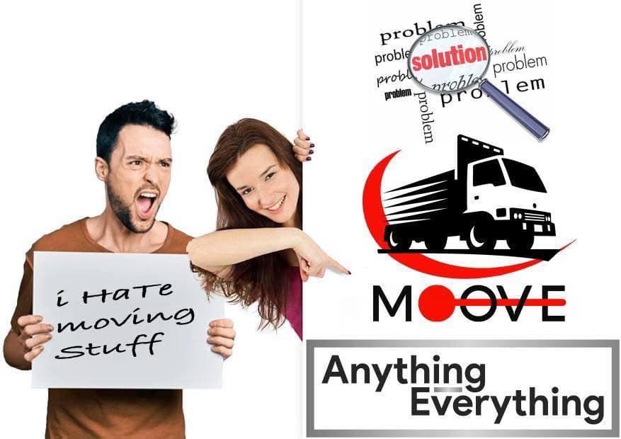 Frustrated man holding "I hate moving stuff" sign next to a Moove moving company advertisement.