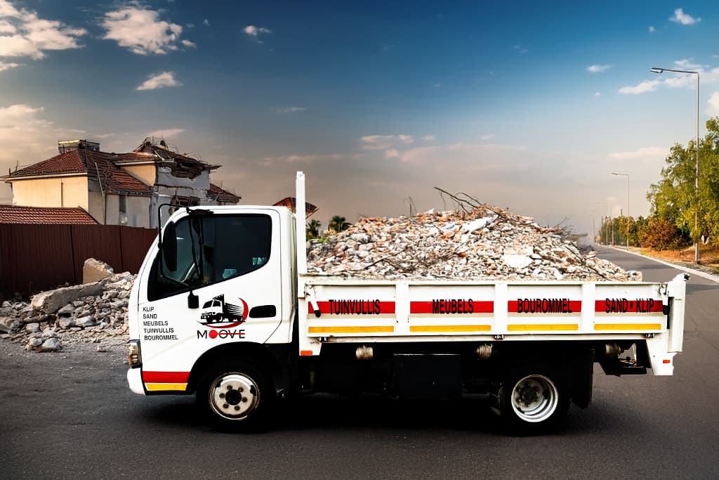 White Moove tipper truck carrying rubble parked on a road beside a demolished building.