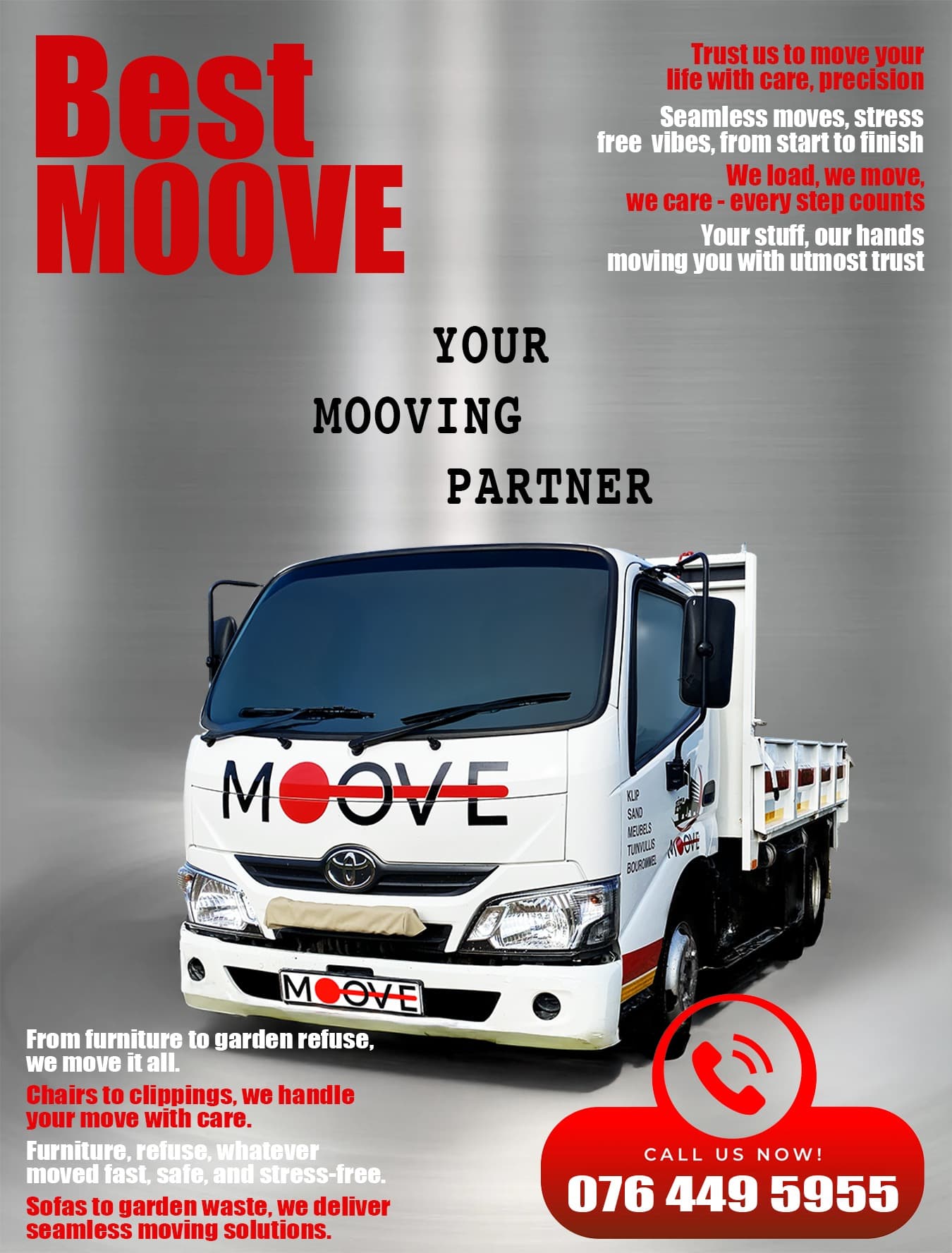 Best Moove flyer featuring a white truck for furniture and garden refuse removal services.