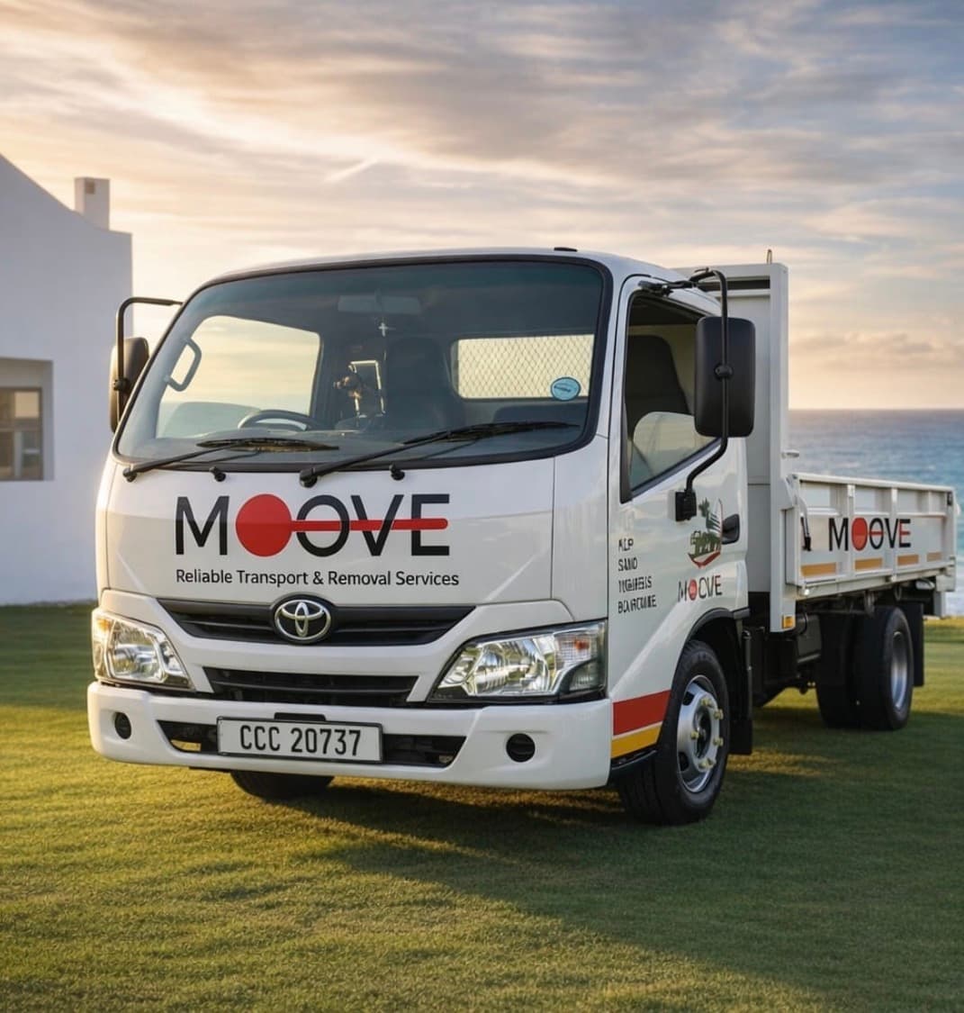 White Toyota MOOVE transport truck parked on a lawn overlooking the ocean at sunset.