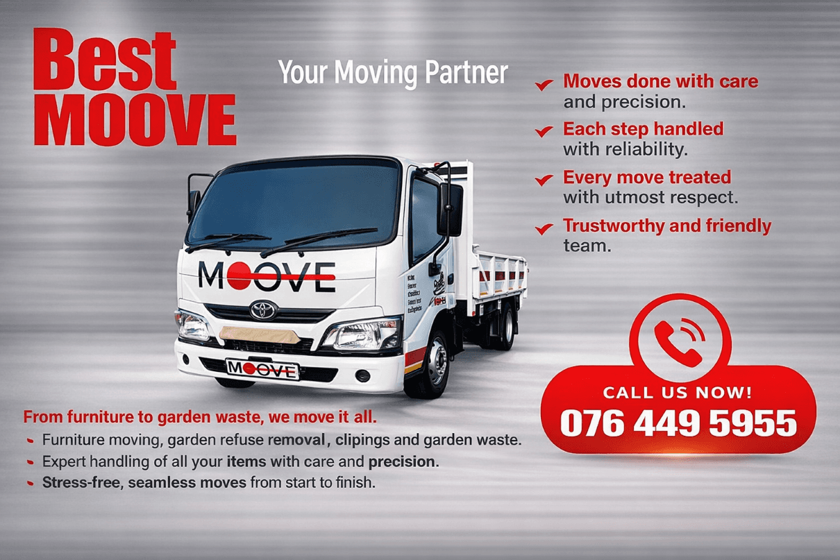 Best MOOVE moving company advertisement featuring a white truck, services, and contact phone number.