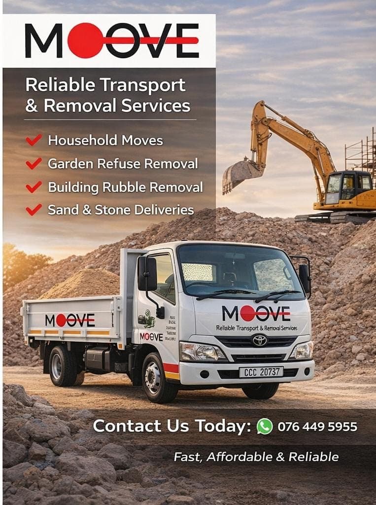 White MOOVE truck and yellow excavator at a construction site for transport and removal services.