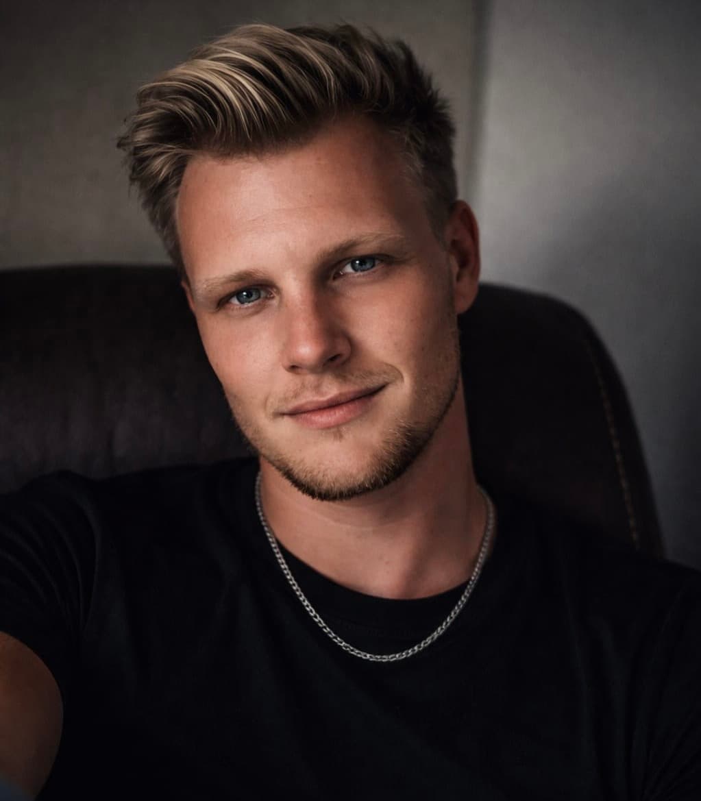 Blonde man with blue eyes and light beard wearing a black shirt and silver necklace.